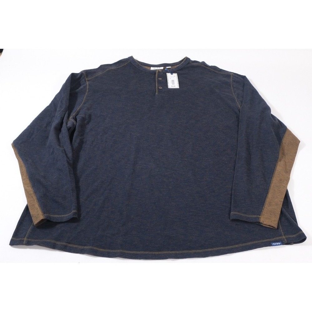 Rowm Henley Shirt Mens 2XB Navy Blue Long Sleeve Elbow Patch‎ Cotton